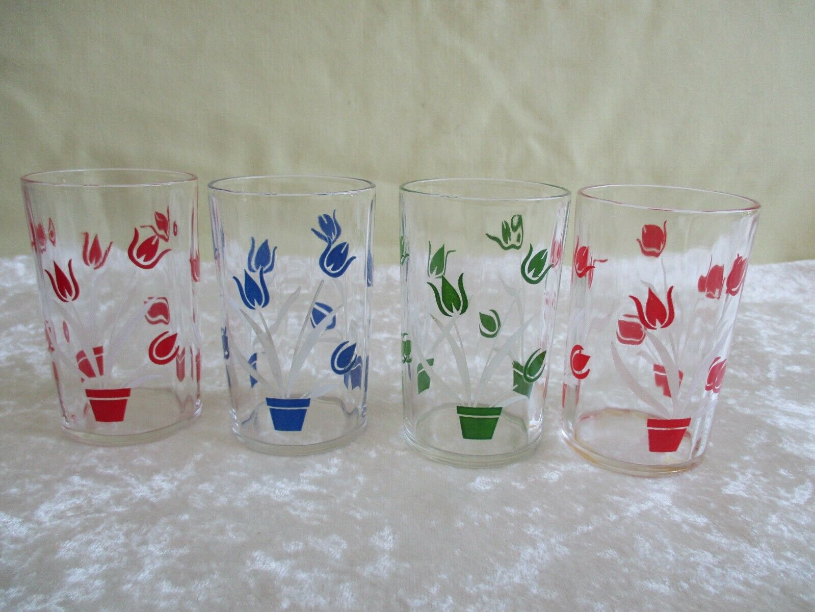 Vintage Set Of 4 Red, Green & Blue Potted Tulips Swanky Swig Juice Glasses