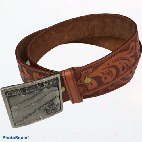 Boy Scouts Camp Daniel Boone Adult Men’s Size 48 Belt Tooled Leather Brown Tan